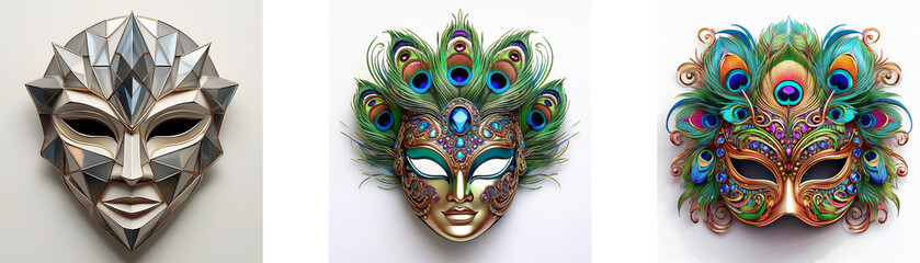 Three ornate, handcrafted masks showcase diverse styles.  A grey demonic design, a peacock-inspired piece, and a colorful, feathered creation.