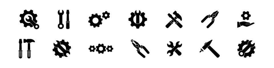 Working tools set. Isolated work tool icon. Repair equipment. Toolbox vector set. Wrench and spanner sign. Hummer and screwdriver symbol.