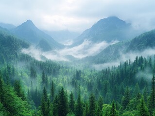 Misty mountain peaks and dense forest landscape on a cloudy day creates a tranquil scene