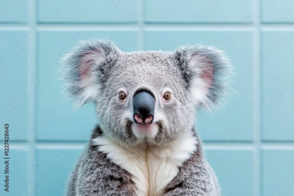 Poster close view of a koala with vivid features against a light blue background in a relaxed pose