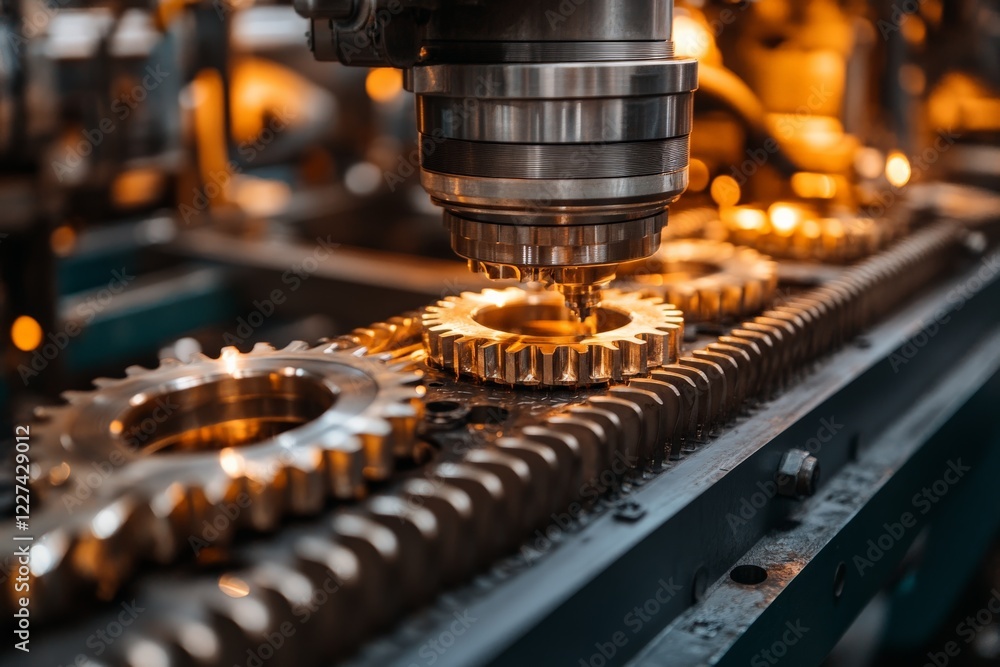 Poster Precision machining process in a manufacturing facility with gears being shaped by a CNC machine