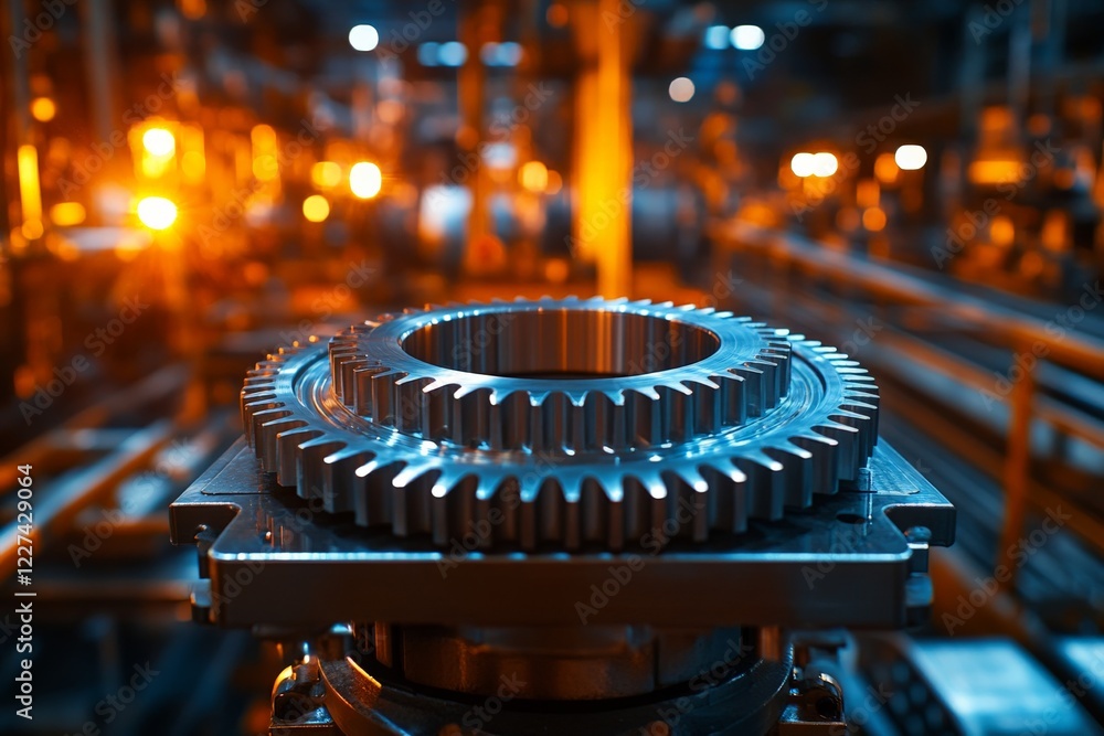 Poster complex machinery component displayed in a dimly lit industrial factory setting with warm lighting e