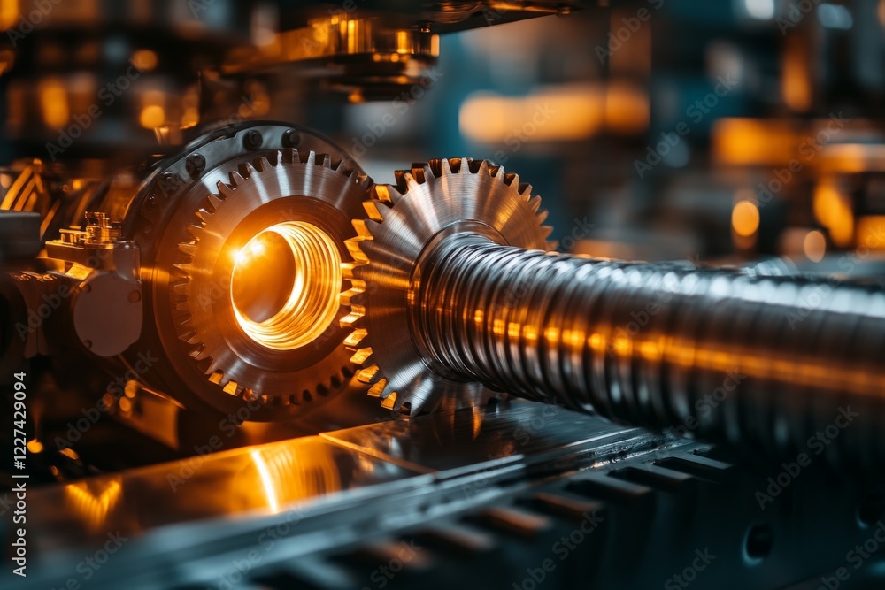Poster precision engineering process showcases intricate metal gears and illuminated components in a worksh