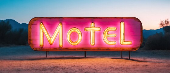 A vibrant neon sign reading "Motel" glows against a serene backdrop, capturing the essence of roadside hospitality at dusk.