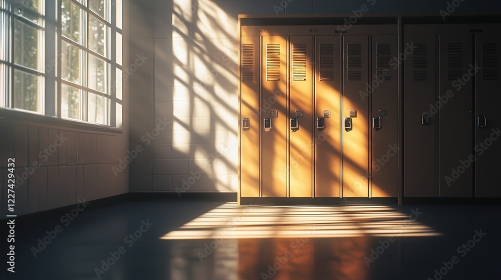 Poster a locker in a quiet corner, with sunlight streaming through a window and casting reflections on the 