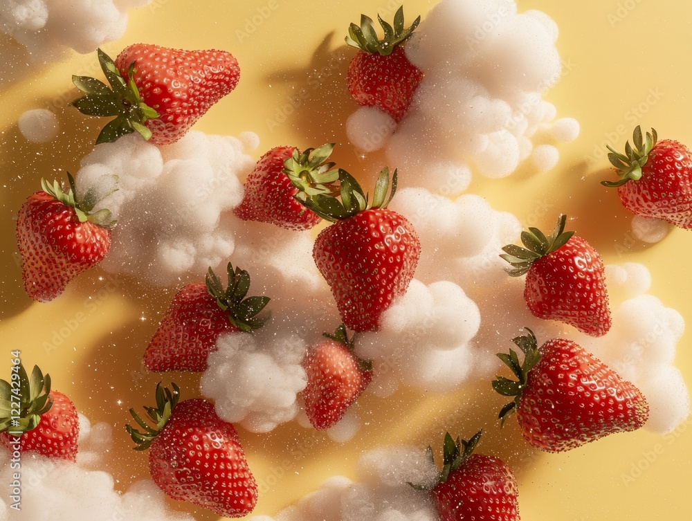 Poster delightful floating scene with fresh red strawberries and soft clouds