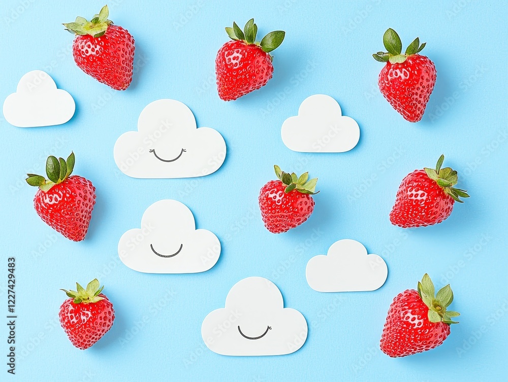 Poster delightful floating scene with strawberries and smiling clouds above