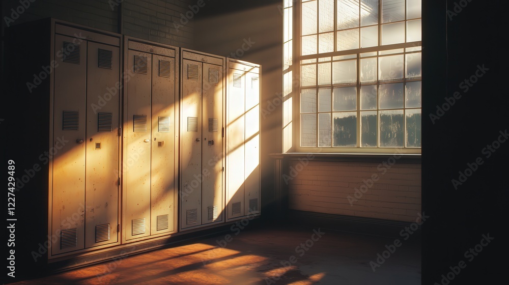Poster a locker in a quiet corner, with sunlight streaming through a window and casting reflections on the 