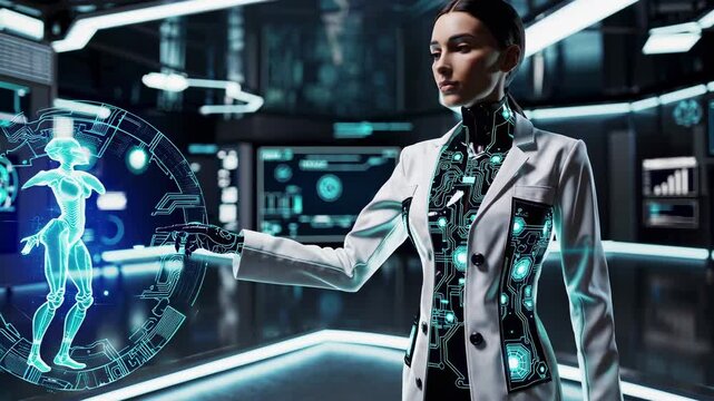 Woman in futuristic lab coat presents advanced technology in a digital research environment