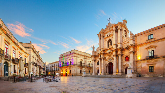 Syracuse, Sicily Historic District in Ortygia with the Cathedral at Dawn.