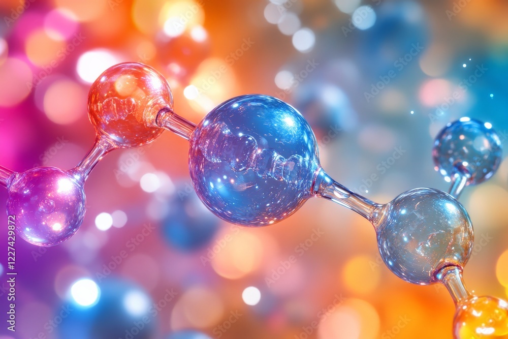 Poster molecular structure illuminated with colorful lights, showcasing intricate details and scientific be