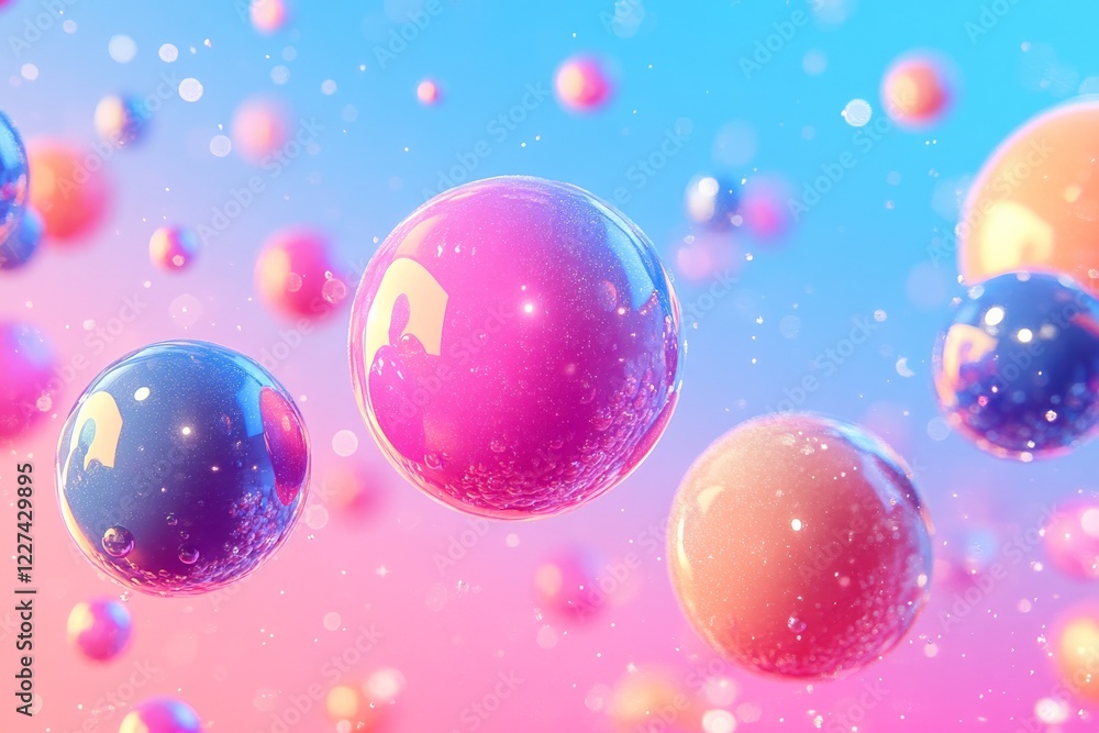 Poster colorful spheres floating in a vibrant gradient background filled with delightful reflections and sp