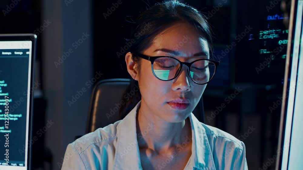 Poster expert coder analyzes complex data at a tech workspace in a dimly lit office during late hours , hud