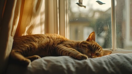 Cozy Orange Cat Napping by the Window with Soft Morning Light and Birds