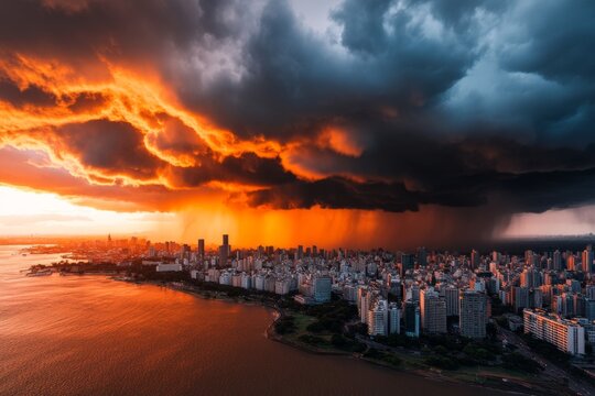 A drastic shift in weather, with a time-lapse showing sunny skies turning into a fierce thunderstorm over the same city