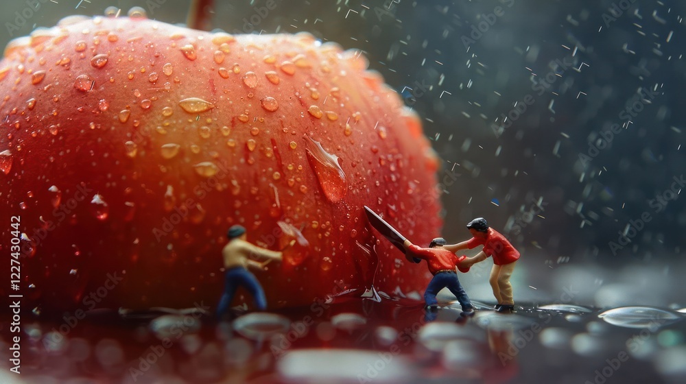 Poster miniature figures attempting to slice a large red apple in a rainy environment with droplets