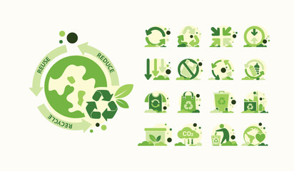 The Concept of Reduce, Reuse, Recycle in zero waste with Icons for sustainable environment management web banner. Garbage recycling to eco friendly. Green template Infographic flate vector design.