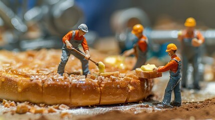 Miniature construction workers repairing a giant slice of bread with butter in a whimsical scene