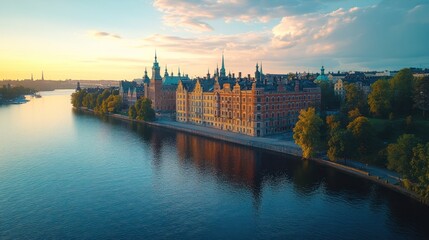 Fototapeta premium Scenic cityscape view featuring historic buildings along a river at sunset with warm light