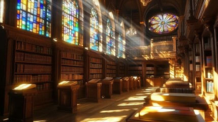 Obraz premium Sunlight dances through stained glass windows, illuminating the space.