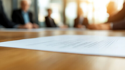 retirement plan document is placed on wooden table, surrounded by blurred figures in meeting. atmosphere conveys sense of planning and collaboration