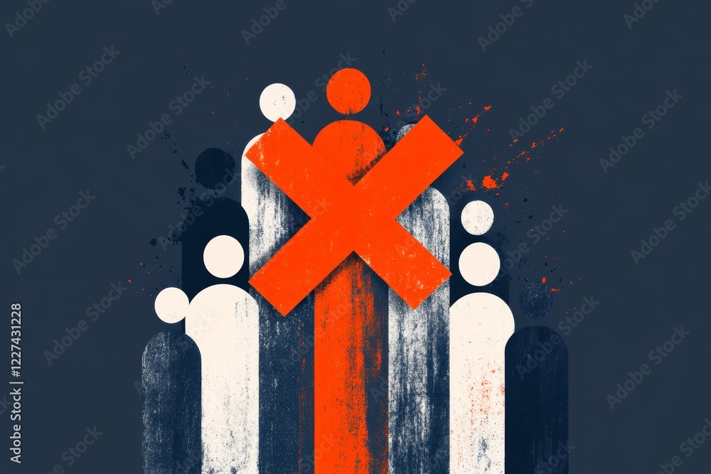 Poster a flat design of a bold â€œxâ€ mark overlaying a single figure in a group of icons, symbolizing exc