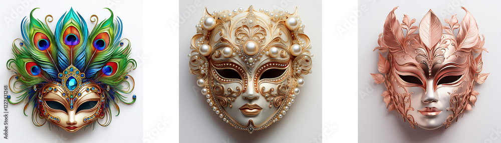 Poster three ornate venetian masks displayed, each with unique design and color. one features peacock feath