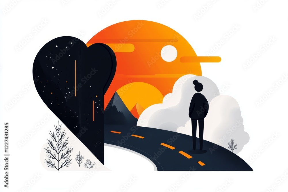 Poster a flat design of a person standing at a fork in the road, with one path sunny and clear and the othe