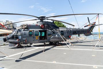 Fototapeta premium View of a Navy helicopter on display in the port of Salvador, Brazil.