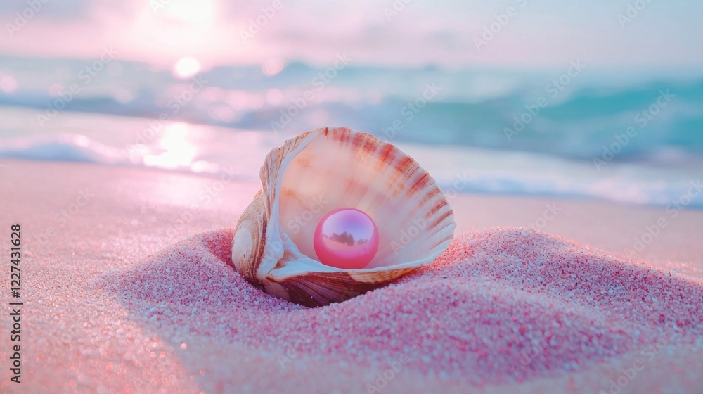 Poster a delicate pink pearl rests elegantly within an open shell, half-buried in the soft, pink sand of a 