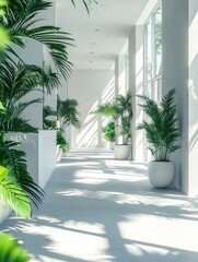 Fototapeta premium Long hallway with potted plants