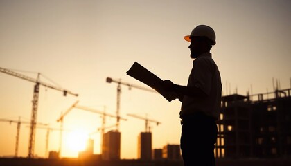 Construction Worker Silhouette Reviewing Plans at Sunset