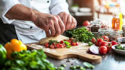 Fresh ingredients and dough are skillfully prepared by chef in kitchen