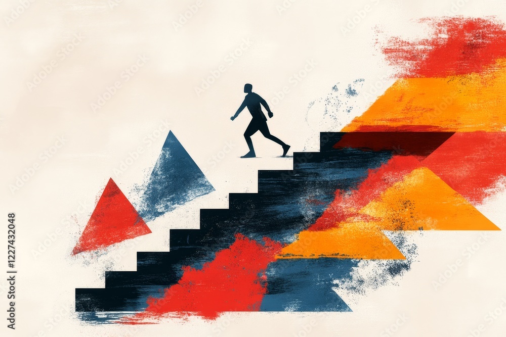 Poster A flat icon-style depiction of a stumbling figure on a staircase, using clean lines and muted tones to convey a setback