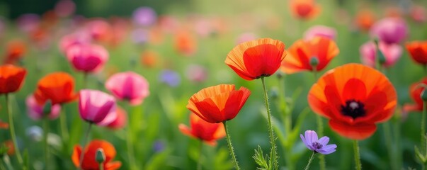 Obraz premium Colorful mix of cornflowers and poppies in a garden, poppy, petals