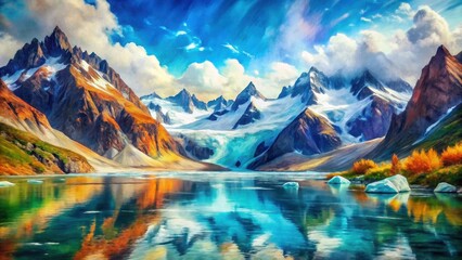 Obraz premium Glaciers landscape with colorful mountains and water in aquarell style, natural beauty, outdoor, natural beauty, outdoor