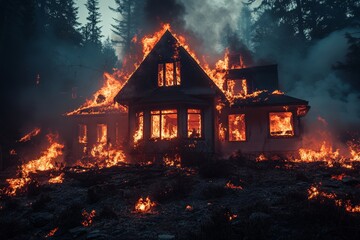 Flames engulf an abandoned house surrounded by dense forest during a wildfire in the evening light