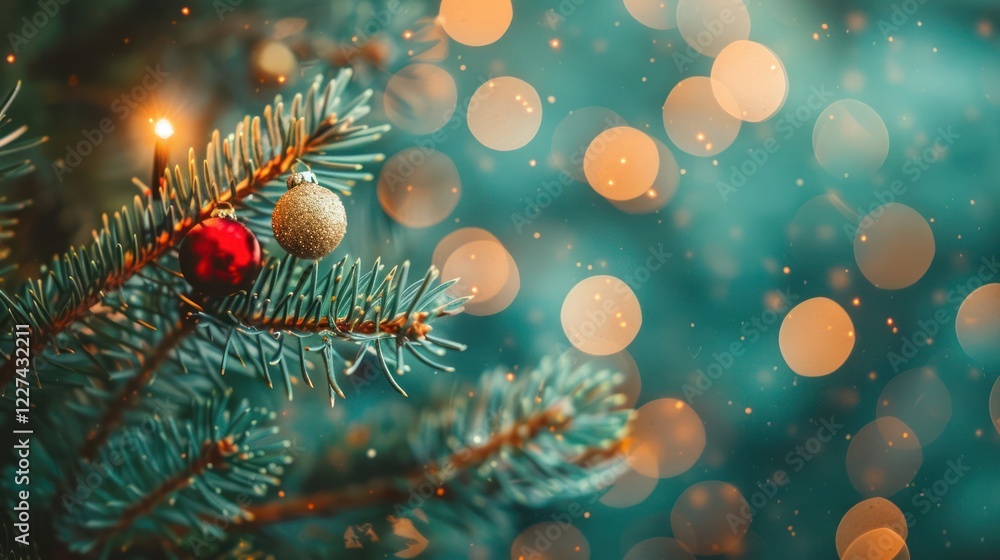 Poster close-up of a decorated christmas tree branch with ornaments and soft bokeh lights in background