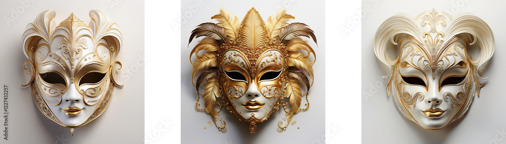 Poster three elegant venetian-style masks, crafted from a light-colored material, showcase intricate detail