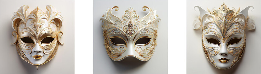 Three elegant, ornate Venetian-style masks in white and gold.  Intricate detailing and a regal appearance.