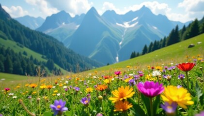Obraz premium Colorful wildflowers in the lush alpine meadow, colorful, flowers, alps