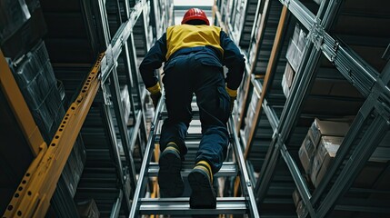 A worker wearing safety shoes and gloves climbing a step ladder in a large storage facility.