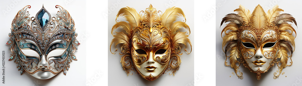 Poster three ornate venetian-style masks, each with unique features and colors, are displayed. the masks ex