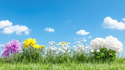 Colorful flowers blooming in a sunny meadow; vibrant spring scene; ideal for greeting cards