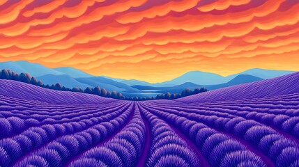 Fototapeta premium Vibrant Lavender Field Under Dramatic Orange Sky at Dusk