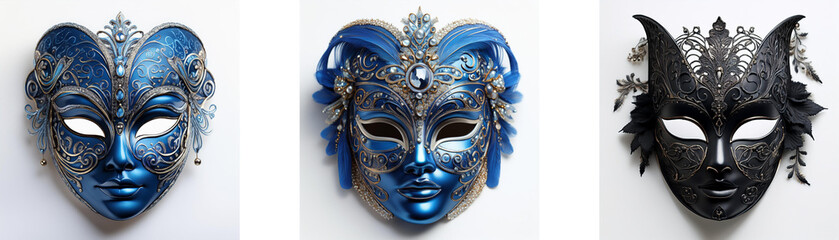 Three ornate, handcrafted masks; one blue, one blue and silver, one black.  Intricate designs and dramatic features.