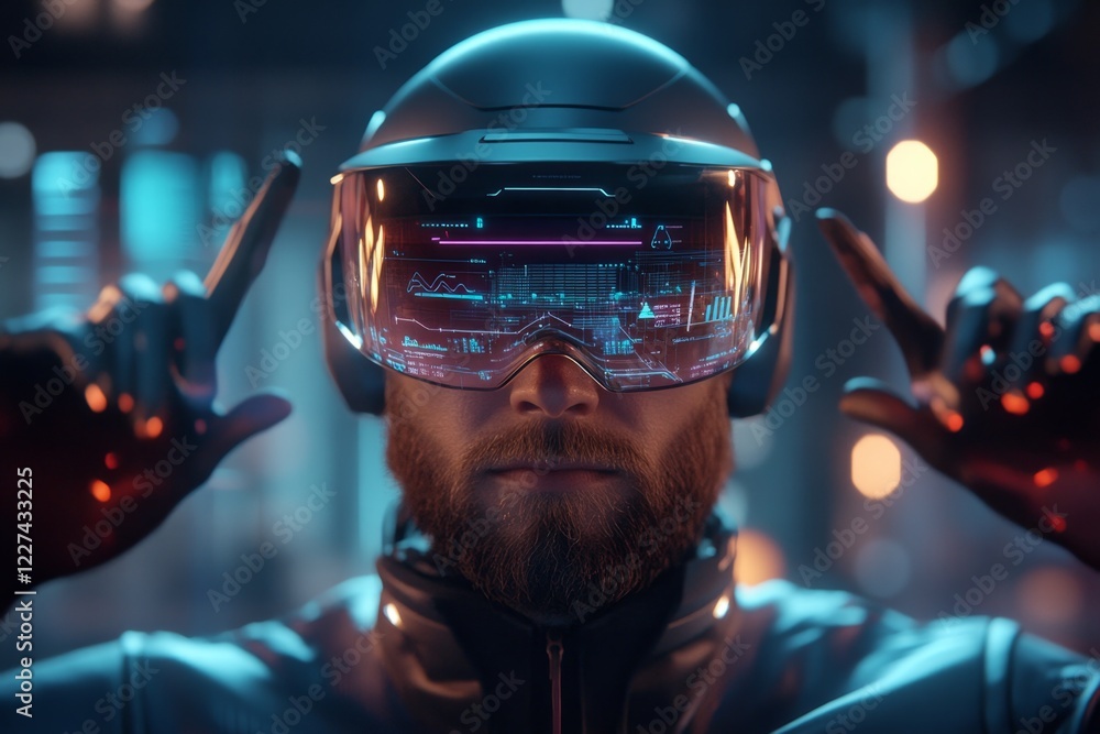 Poster a futuristic consultant using holographic displays and augmented reality tools to analyze business t