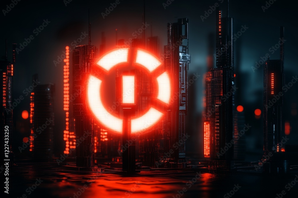 Poster a futuristic city with a glitching holographic sign displaying an error message, symbolizing a techn