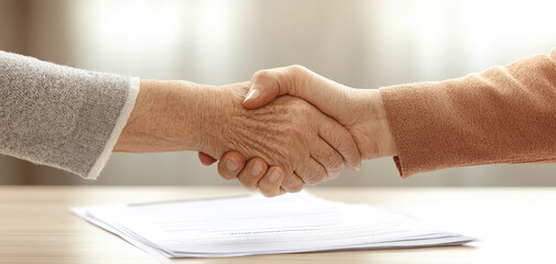 Two elderly individuals exchanging firm handshake, symbolizing trust and agreement, with documents in background, conveying sense of partnership and collaboration