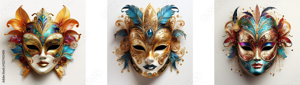 Poster three ornate venetian-style masks, each with unique color palettes and feather details, are displaye